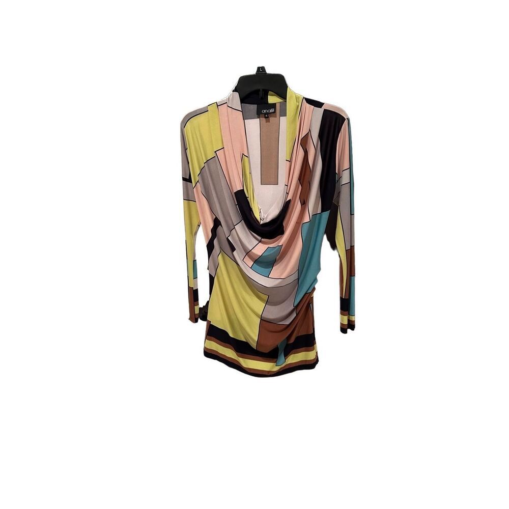ANALILI Abstract White Pink Gray Silky Cowl Neck long Sleeve Geometric Design Mi